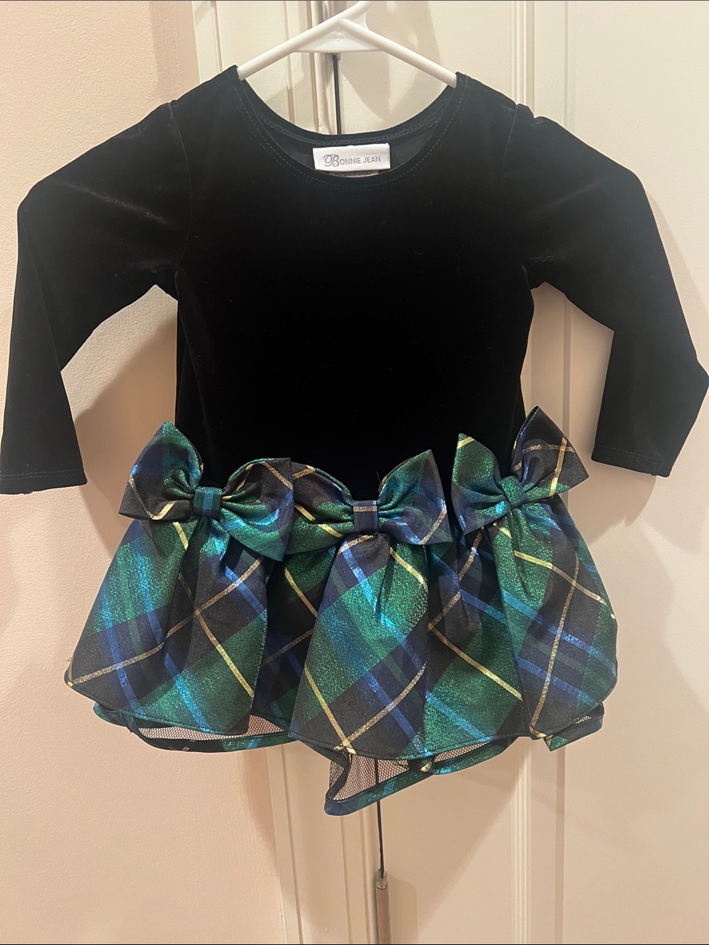 Bonnie Jean Black Velvet Dress with Shimmery Green Plaid Skirt and Bows